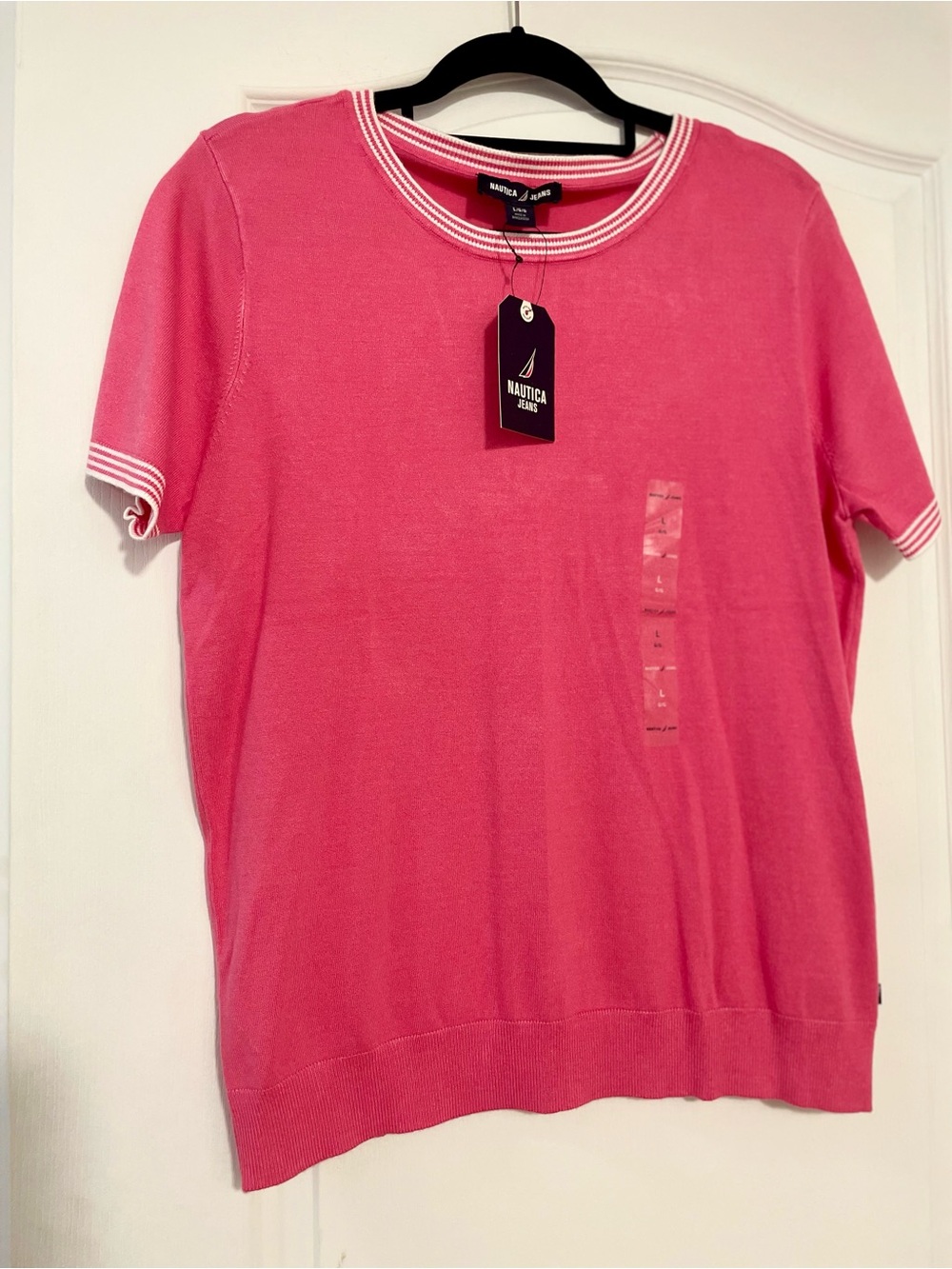 NWT Nautica Women's Bright Pink Short Sleeve Top w/ Striped Trim, Size Large